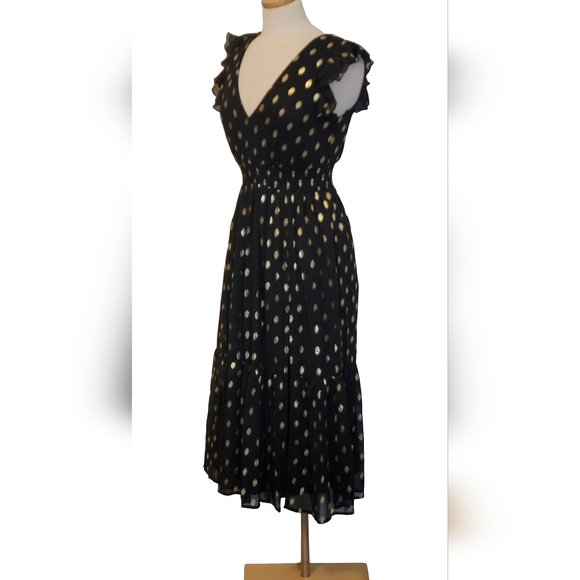 Lulus Sheer Metallic Polka Dot Ruffle Smocked Tie Cocktail Wedding Guest Dress - Picture 4 of 11